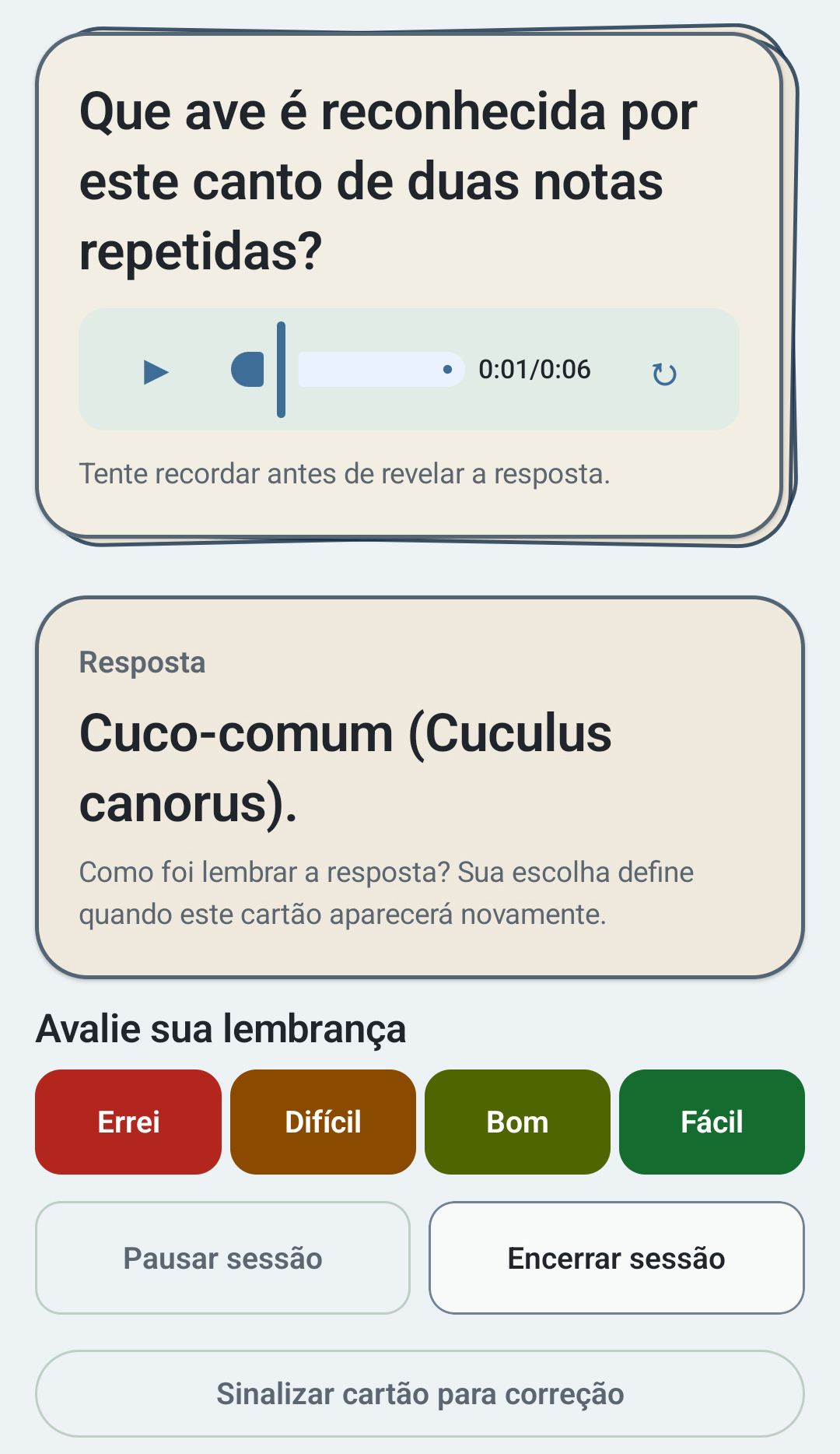 Resposta de cartão com avaliação da lembrança no APRESTO